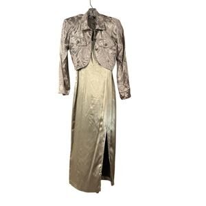 XTRM 2-Piece Formal Dress & Jacket Set Champagne Jacquard Maxi Gown Made USA ~ M